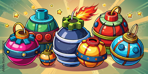 A collection of brightly colored cartoon bombs, each uniquely designed with lit fuses and playful details, evokes a sense of whimsical anticipation and explosive fun