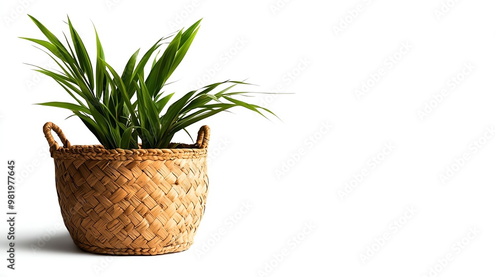A vibrant green plant in a woven basket, perfect for adding a touch of nature to any indoor space or decor. A vibrant green plant in a woven basket, perfect for adding a touch of nature to any indoor space or decor.