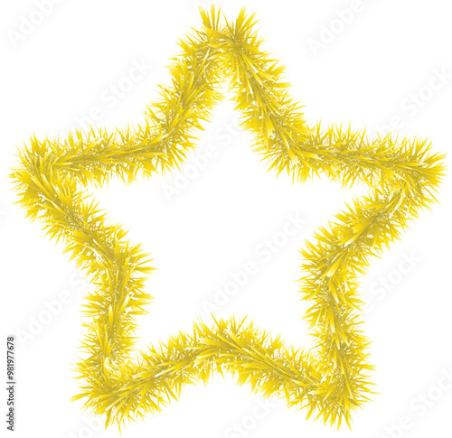 Golden tinsel star. Color vector illustration. Isolated white background. Fluffy celestial body. Star decoration. Idea for web design.