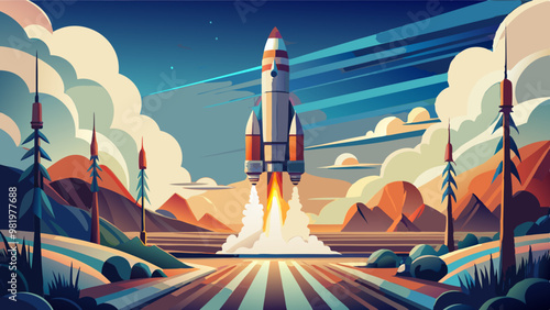 A stylized rocket launches from a desert landscape, flanked by tall structures and distant mesas, soaring into a twilight sky filled with swirling clouds and distant planets, capturing a sense of adve