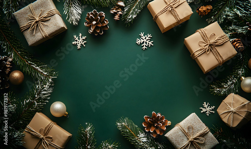 Christmas frame with gift boxes, holaday decorations and confetti on green background photo