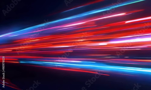 high-speed light trail animation, creating a dynamic and futuristic backdrop. The red and blue light motion trails convey a sense of fast movement and modern technology.