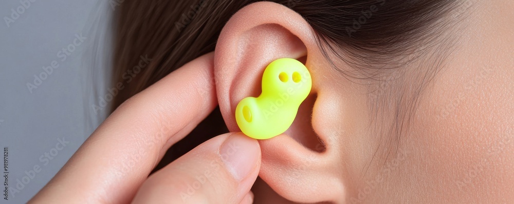 Close-up of a hand placing a vibrant yellow earplug into the ear, highlighting sound protection and comfort. Close-up of a hand placing a vibrant yellow earplug into the ear, highlighting sound protection and comfort.
