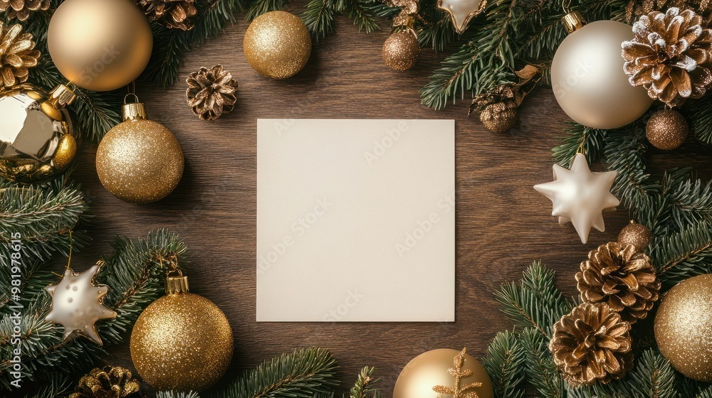 An empty postcard among the christmas decoration - golden fair-tree ornaments, flat lay top view. Background An empty postcard among the christmas decoration - golden fair-tree ornaments, flat lay top view. Background