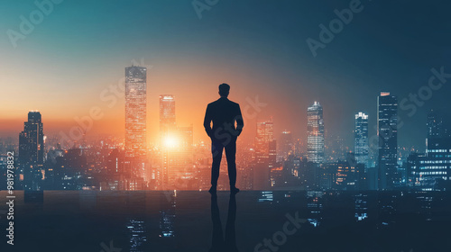 A business man stands contemplatively on a rooftop overlooking a bustling city, the skyline filled with towering skyscrapers. His expression reflects determination and ambition as he ponders his care.