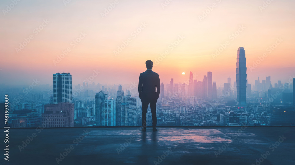 A business man stands contemplatively on a rooftop overlooking a bustling city, the skyline filled with towering skyscrapers. His expression reflects determination and ambition as he ponders his care. A business man stands contemplatively on a rooftop overlooking a bustling city, the skyline filled with towering skyscrapers. His expression reflects determination and ambition as he ponders his care.