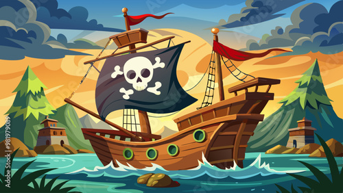 vector illustration depicts a pirate ship with a skull and crossbones flag sailing in a scenic bay surrounded by mountains and small fortresses