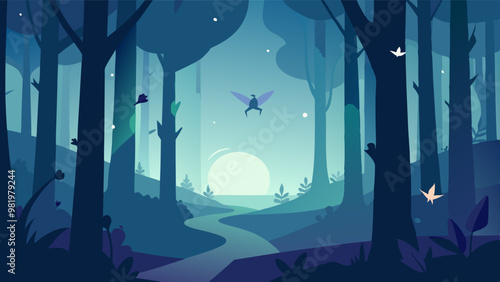 The vector illustration featuring a serene mystical forest at dusk with a winding path, glowing moon, and flying creatures