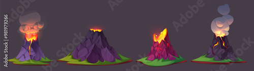 Volcano eruption with flowing lava and smoke cloud on island. Cartoon vector illustration set of game ui Jurassic period landscape elements. Rock mountain erupt and explode with hot orange magma.