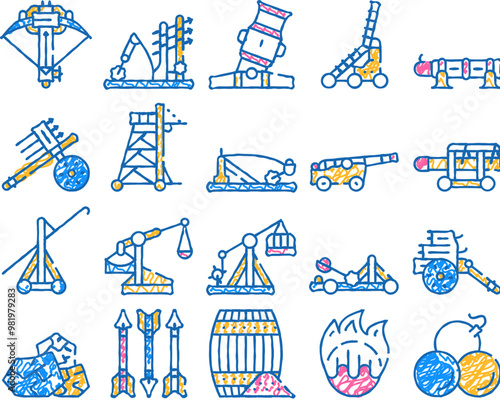 siege engine catapult doodle icons set vector. sketch line art ancient weapon and cores, arrow thrower and siege tower, trebuchet and hook destroyer color illustrations