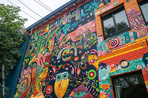 A vibrant mural bursts with intricate patterns and lively figures, celebrating a cultural festival. photo