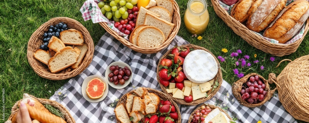 Delicious picnic spread featuring fresh fruits, breads, and cheese on a checkered blanket, perfect for outdoor gatherings. Delicious picnic spread featuring fresh fruits, breads, and cheese on a checkered blanket, perfect for outdoor gatherings.