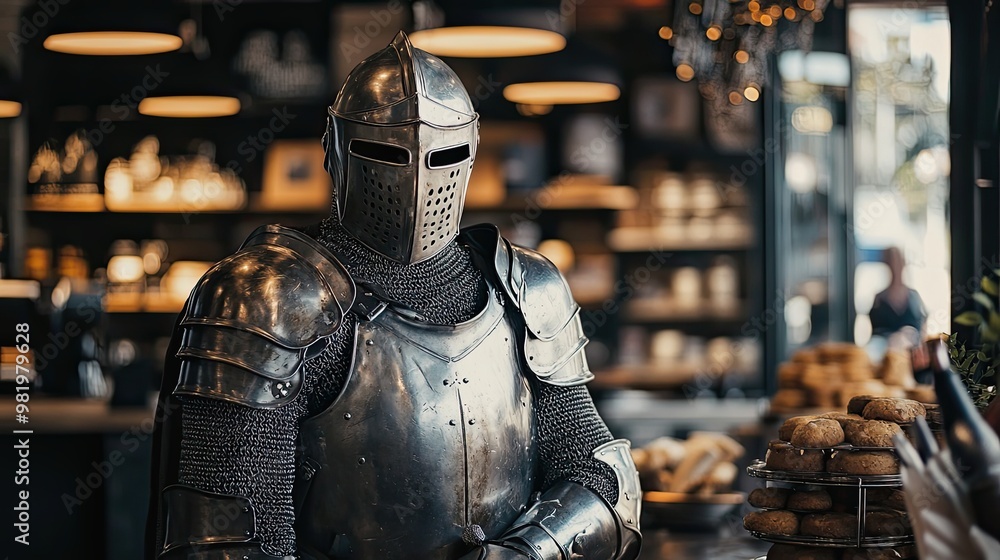 A Knight in Full Armor Standing in a Restaurant A Knight in Full Armor Standing in a Restaurant
