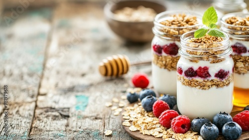 Delicious yogurt parfait layered with granola, berries, and honey, served in rustic jars on a wooden table.