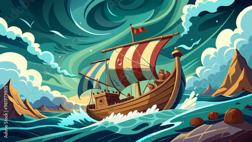 A detailed vector illustration of a Viking ship navigating through stormy seas with dramatic waves and a mountainous coastline in the background