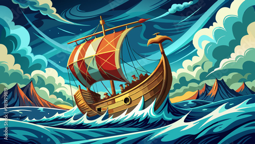 A detailed vector illustration of a Viking ship navigating through stormy seas with dramatic waves and a mountainous coastline in the background