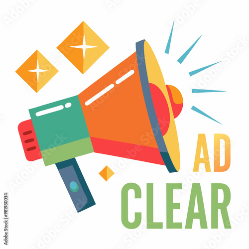 a colorful megaphone with the words "AD CLEAR" beside it, symbolizing clear advertising or communication