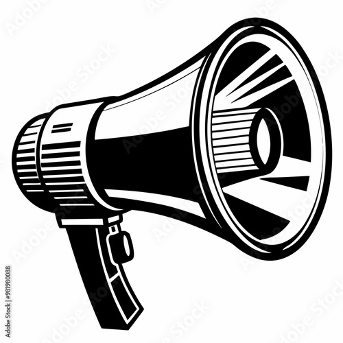 megaphone, loudspeaker, announcement, communication, public speaking, sound amplification, vector illustration, grayscale, black and white, noise, alert, broadcast, speaker, volume, attention, rally, 