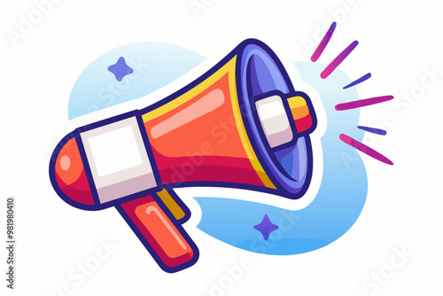 A colorful vector illustration of a megaphone emitting sound waves and surrounded by stars, symbolizing announcements or communication
