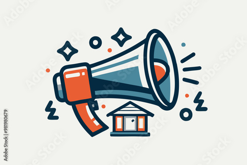 A colorful vector illustration of a megaphone with sound waves and a small house, symbolizing communication or announcement related to home or real estate