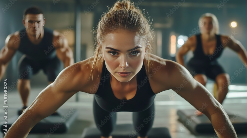 A group of diverse individuals engages in a plank exercise in a gym, guided by a personal trainer. The atmosphere is energetic and motivating, with everyone focused on their form and pushing . A group of diverse individuals engages in a plank exercise in a gym, guided by a personal trainer. The atmosphere is energetic and motivating, with everyone focused on their form and pushing .