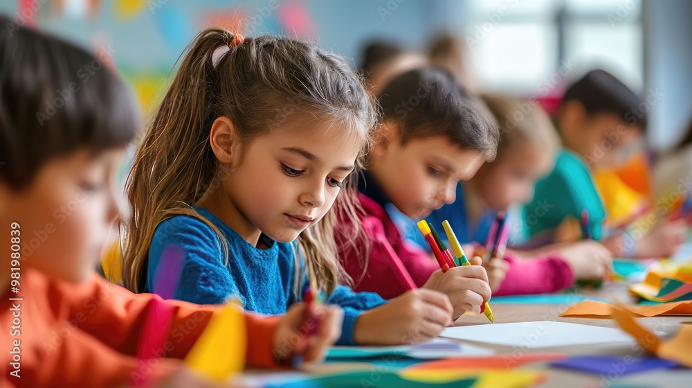 Lively Art Studio with Children Working on Crafts and Drawings, Spring Festival Decorations Lively Art Studio with Children Working on Crafts and Drawings, Spring Festival Decorations