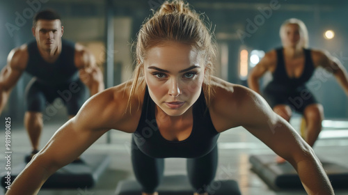 A group of diverse individuals engages in a plank exercise in a gym, guided by a personal trainer. The atmosphere is energetic and motivating, with everyone focused on their form and pushing .