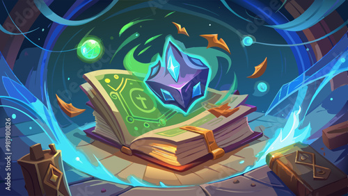 A magical book with glowing symbols and a floating crystal, radiating mystical energy in a captivating fantasy setting