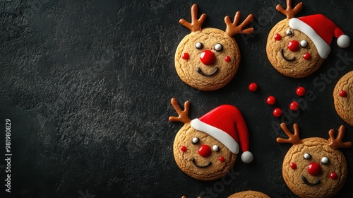 Christmas Saint Nicholas food bakery bake baking photography background - Closeup of reindeer rudolph cookies with santa claus hat on black concrete table, top view