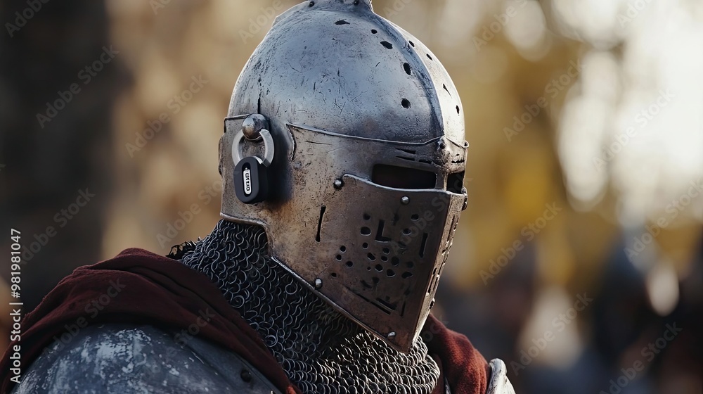 A Knight in Full Armor Wearing a Modern Earbud A Knight in Full Armor Wearing a Modern Earbud