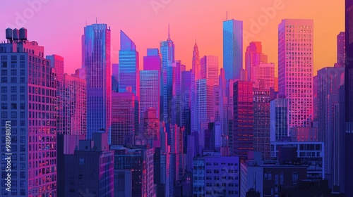 A vibrant cityscape glows in vivid hues, highlighting contemporary structures against the lively backdrop of twilight.