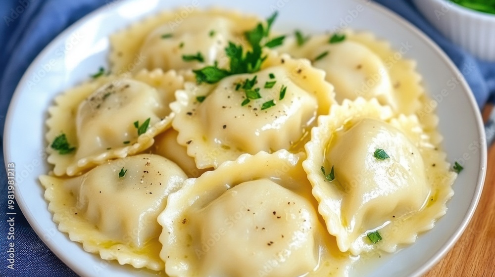 A plate of ravioli with sauce and herbs on a table, AI A plate of ravioli with sauce and herbs on a table, AI