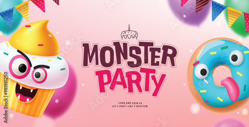 Monster party greeting text vector design. Birthday halloween invitation card with cup cake and donut characters elements in blurred background. Vector illustration greeting card design. 
