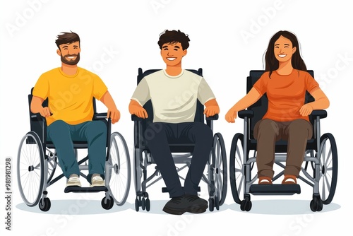 Three individuals in wheelchairs smiling together.