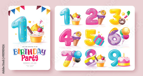 Birthday party numbers vector set design. Birthday greeting with colorful numbers, cup cake, cake, balloons and gift box decoration elements. Vector illustration invitation card set. 

