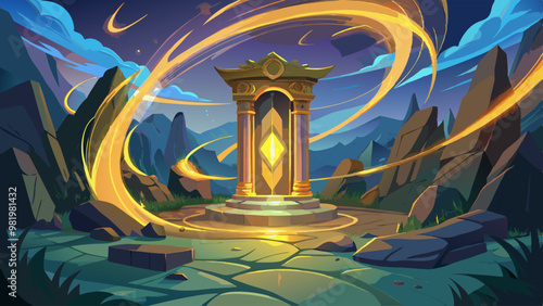 A mystical ancient temple with glowing golden energy swirling around a central portal, set against a starry night sky with vibrant colors and celestial patterns