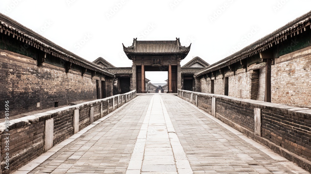Ancient Chinese Brick Pathway Leading to a Wooden Gate Ancient Chinese Brick Pathway Leading to a Wooden Gate