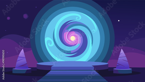 A mesmerizing, glowing portal with swirling blue and purple hues stands on a futuristic platform flanked by two illuminated obelisks against a starry night sky