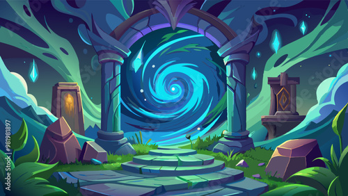 A mystical portal surrounded by ancient ruins and glowing ethereal lights, leading to an unknown magical realm