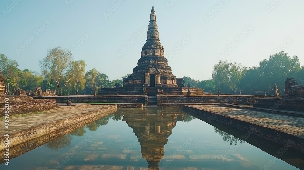 Obraz premium Ancient temple reflected in serene water.
