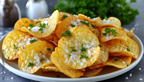 Crispy seasoned potato chips with salt and parsley, ideal for snacking on any occasion