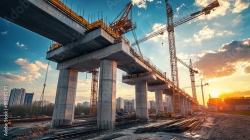 A high-speed railway under construction, with massive concrete pillars being erected to support the elevated tracks. Cranes lift prefabricated track sections into place.