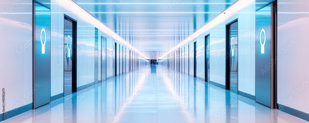 Fototapeta premium Modern corridor with elevators, featuring sleek lines and bright lighting, perfect for architectural or interior design projects.