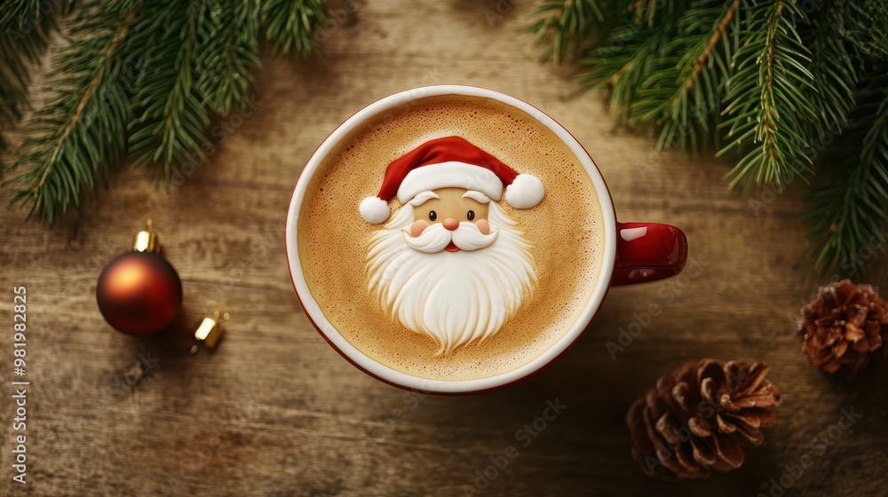 Cup of latte coffee with Santa Claus shape art on foam, top view. Christmas and New Year background. Cup of latte coffee with Santa Claus shape art on foam, top view. Christmas and New Year background.