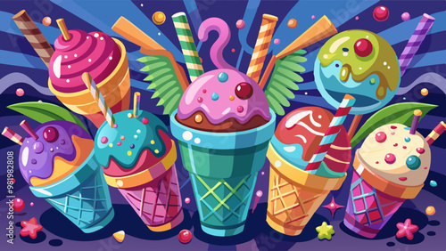 colorful ice cream cones with various toppings is set against a playful background with stars and swirls