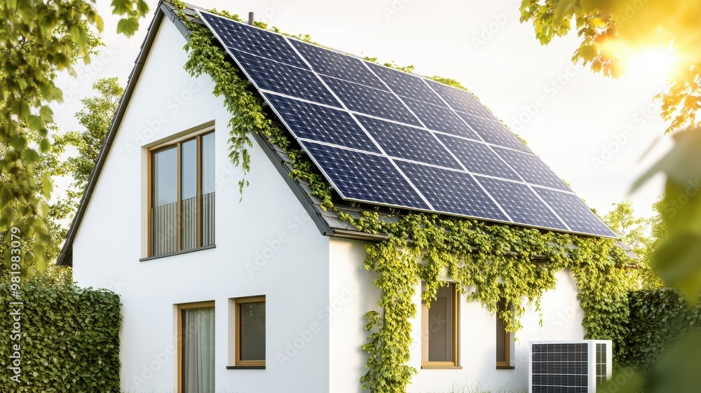 Modern house with solar panels and green vines, showcasing sustainable living and eco-friendly architecture under bright sunlight. Modern house with solar panels and green vines, showcasing sustainable living and eco-friendly architecture under bright sunlight.