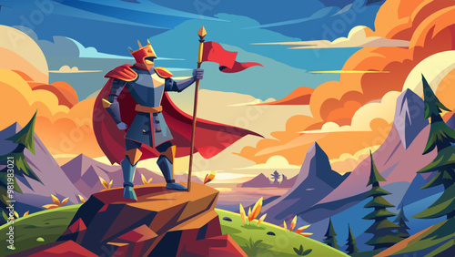 a majestic knight in shining armor standing triumphantly on a rocky peak, holding a red flag against a vibrant sunset backdrop with mountains and clouds