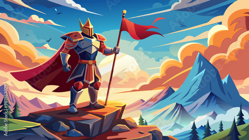 a majestic knight in shining armor standing triumphantly on a rocky peak, holding a red flag against a vibrant sunset backdrop with mountains and clouds