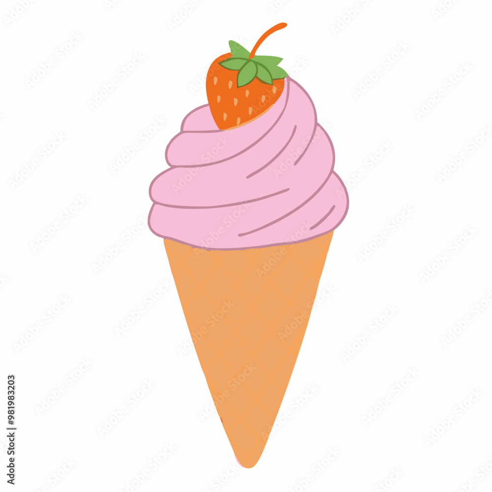 strawberry ice cream with cone, illustration strawberry ice cream with cone, illustration