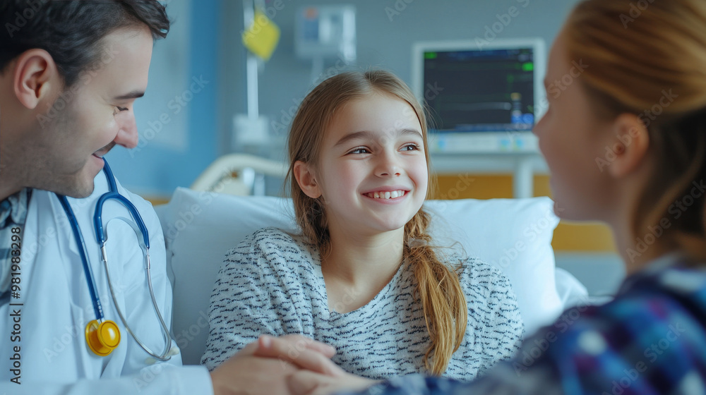 The scene captures a compassionate moment in a hospital setting, where a doctor is providing support to a young cancer patient. The child, despite her illness, shows a hint of happiness as she listens The scene captures a compassionate moment in a hospital setting, where a doctor is providing support to a young cancer patient. The child, despite her illness, shows a hint of happiness as she listens